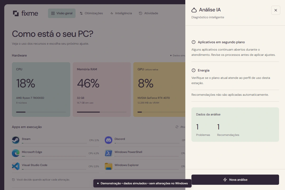 Painel de diagnóstico do FixMe com problemas e recomendações simulados, sem aplicação automática