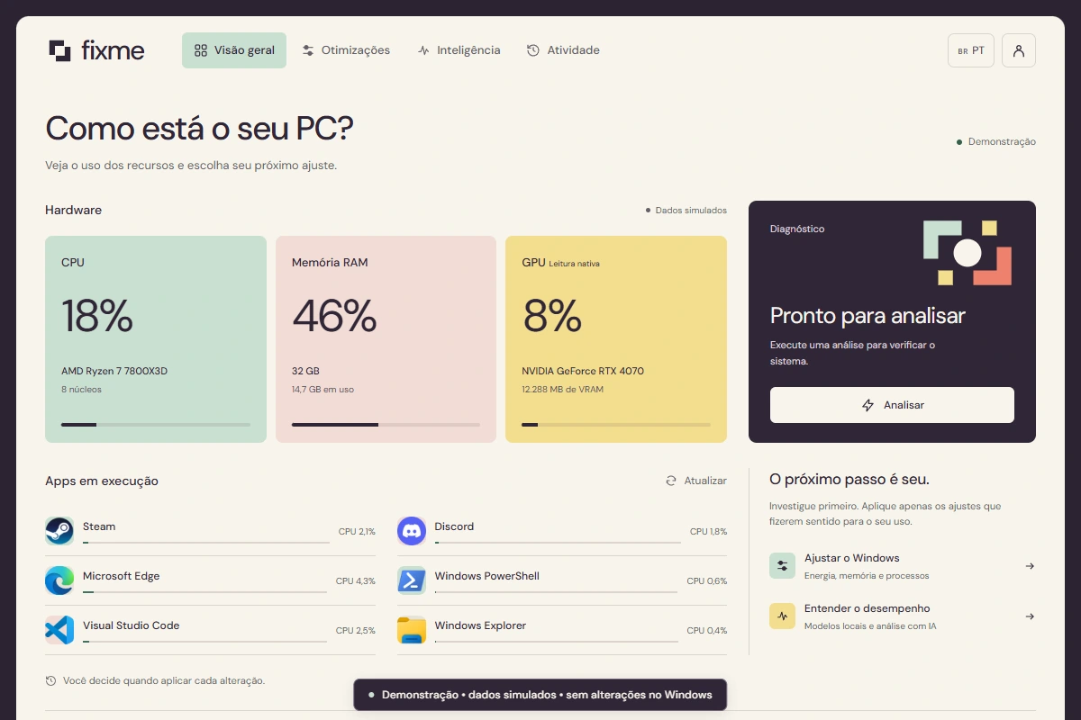Interface demonstrativa do FixMe com leituras de hardware e aplicativos Windows