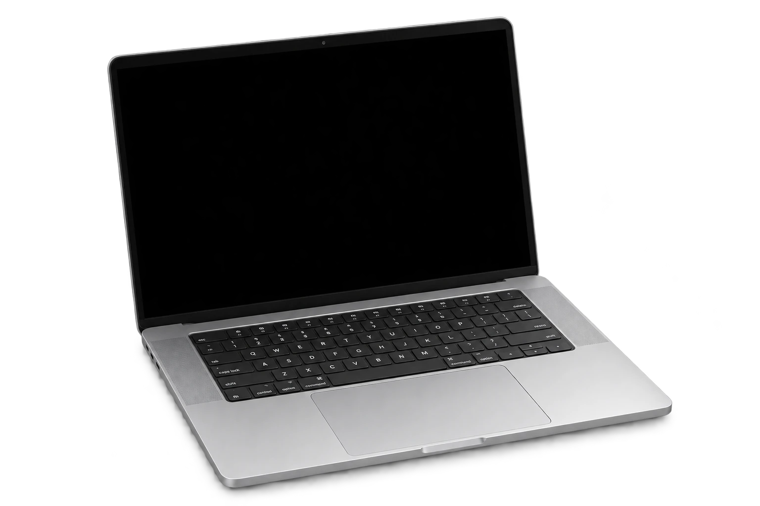 Notebook de alumínio prata aberto em perspectiva, com teclado e trackpad visíveis